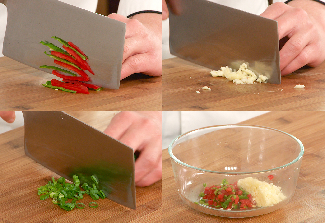 Prepare vegetables: chop peppers, mince garlic, and chop green onion. Butter bowl.