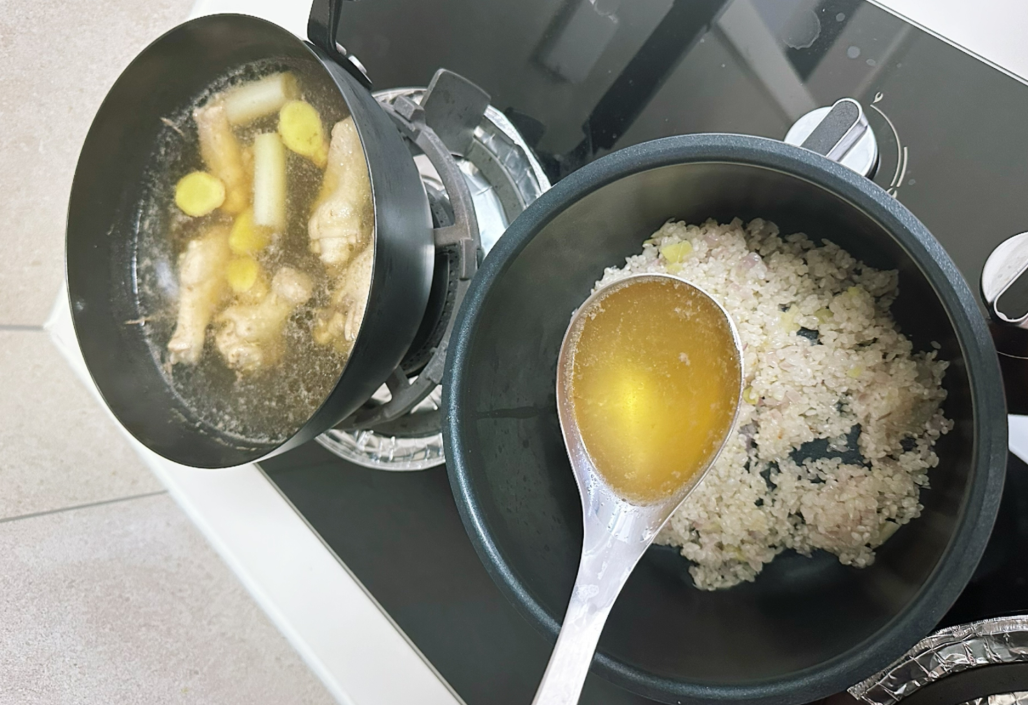 Mix cooked chicken broth into fragrant rice; use typical rice-cooking broth amount.