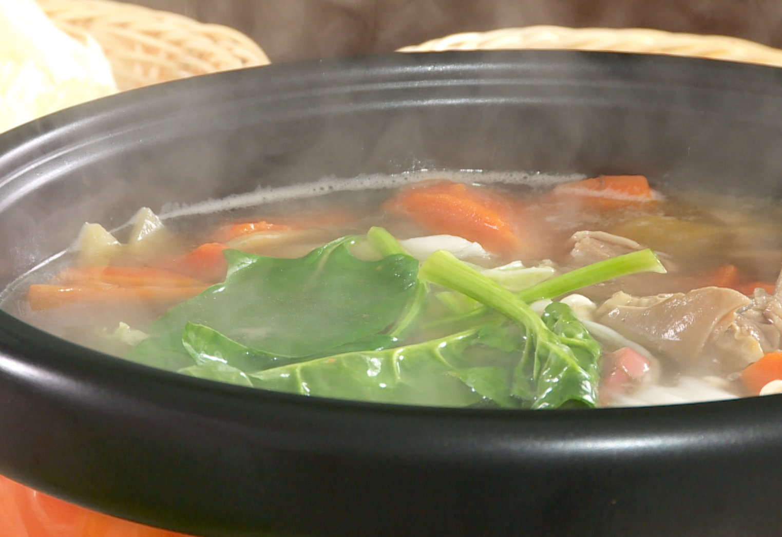 Add meats and vegetables to hot pot on medium heat.