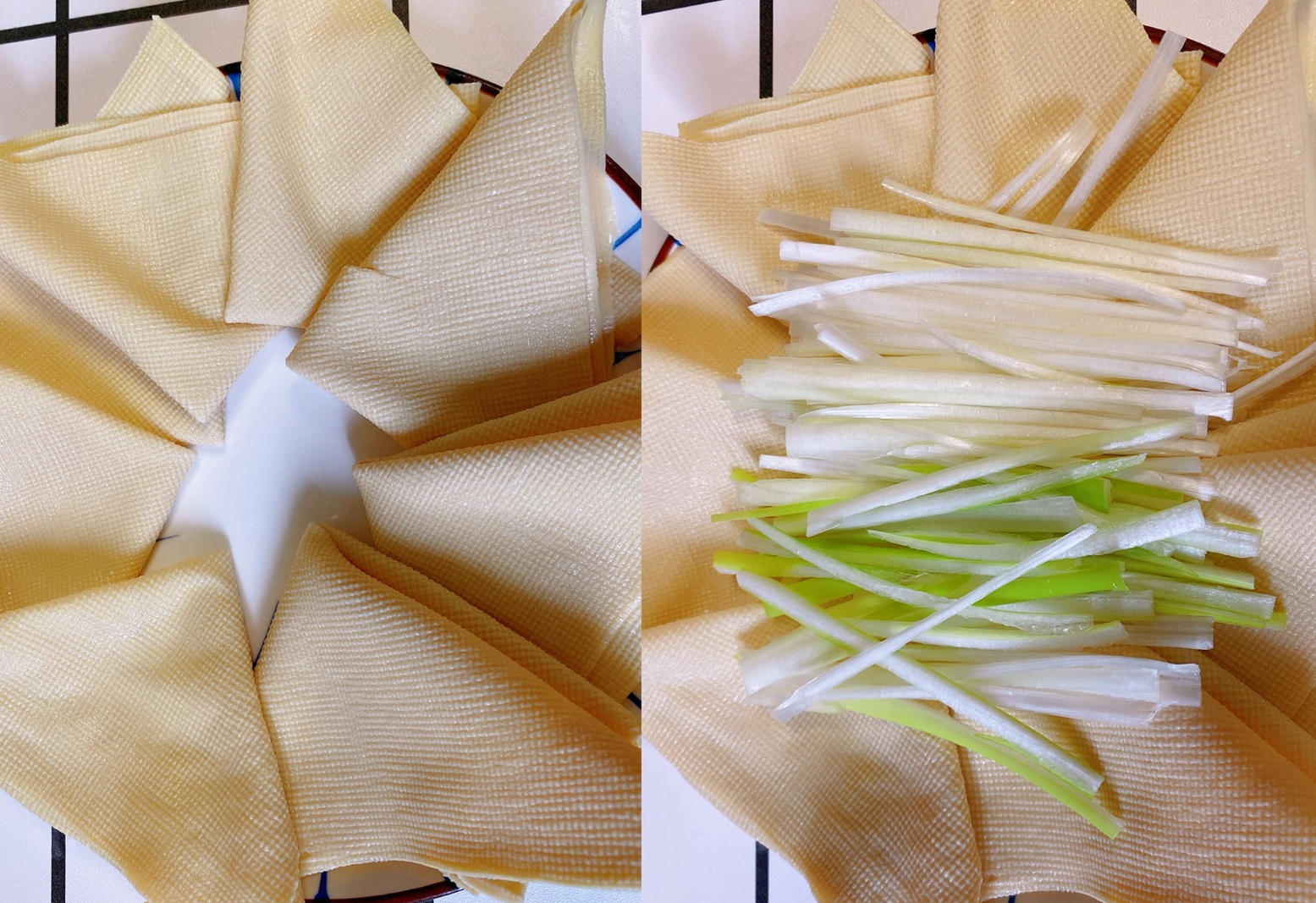 Folded tofu skins arranged with shredded green onions.