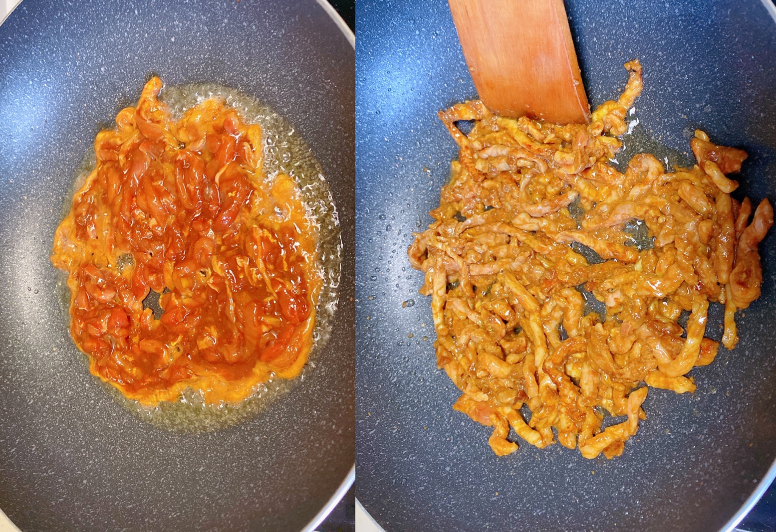 Stir-fry shredded pork in 30g oil until it changes color.