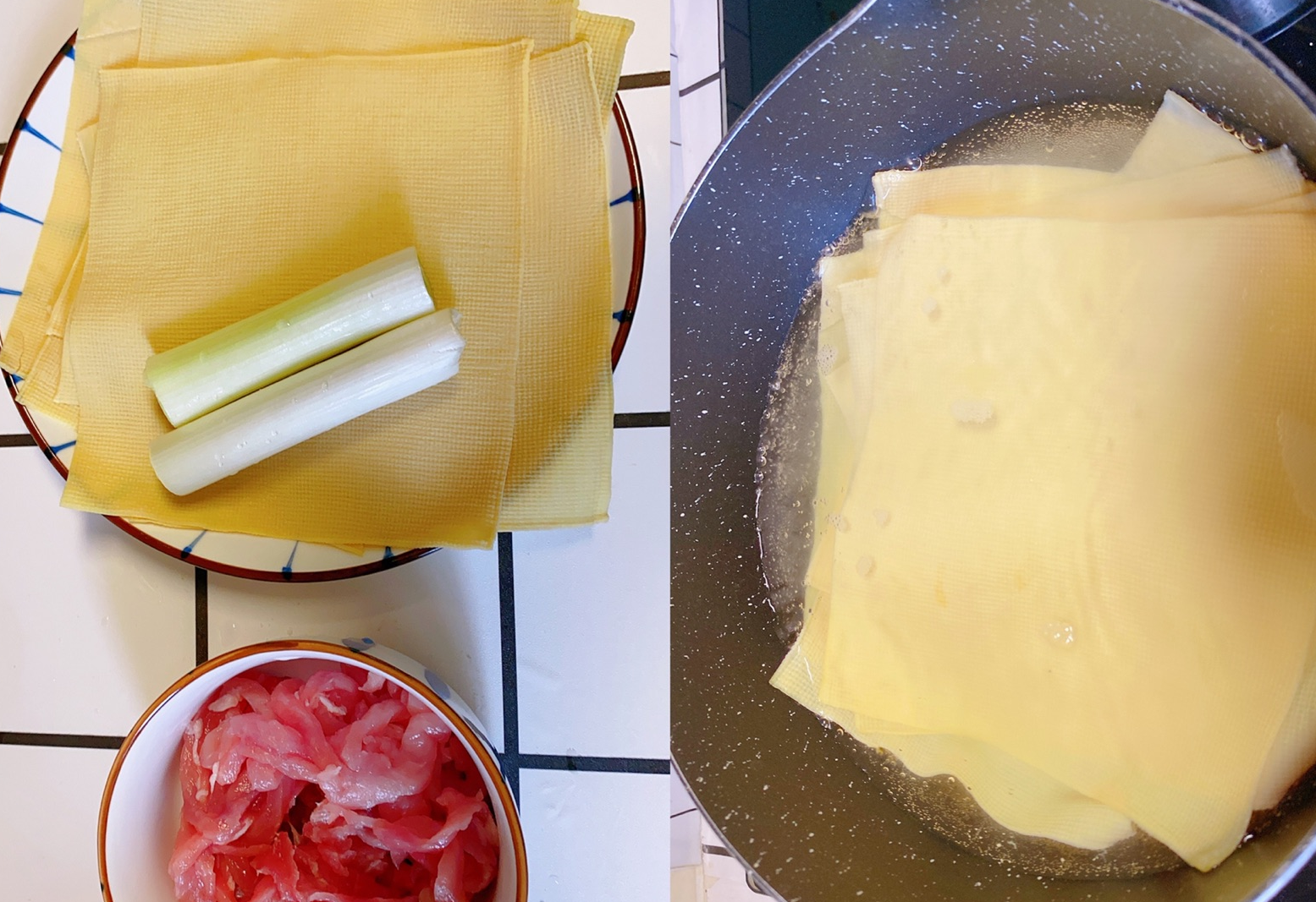 Prepare and blanch tofu skin to remove odor, cut into square pieces.