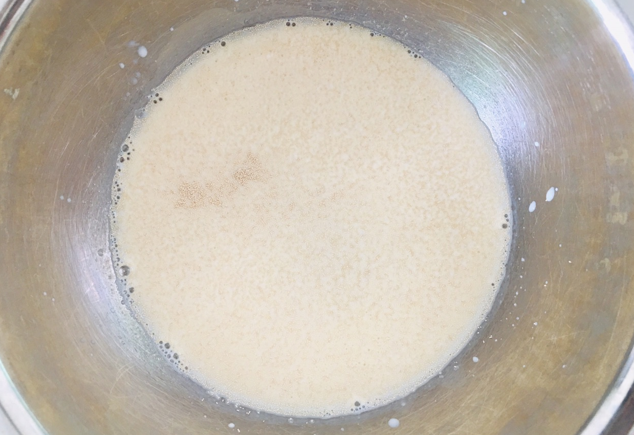 Mix 100g milk, 8g baking powder, and 2g yeast in a large container.