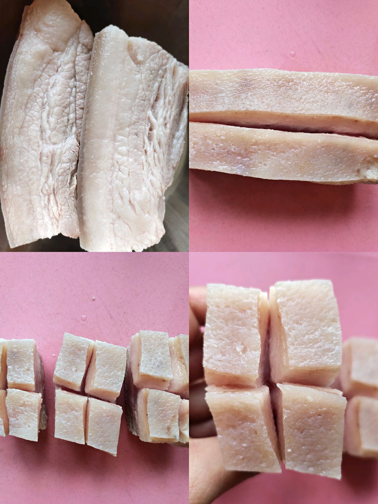 Instructions for preparing boiled pork belly: cut into squares, score in crosshatch pattern.