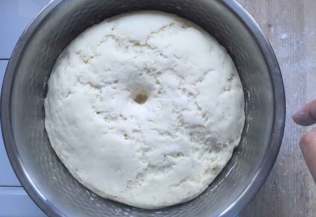 Check dough after 30 min for proper fermentation: indentation should remain when poked.