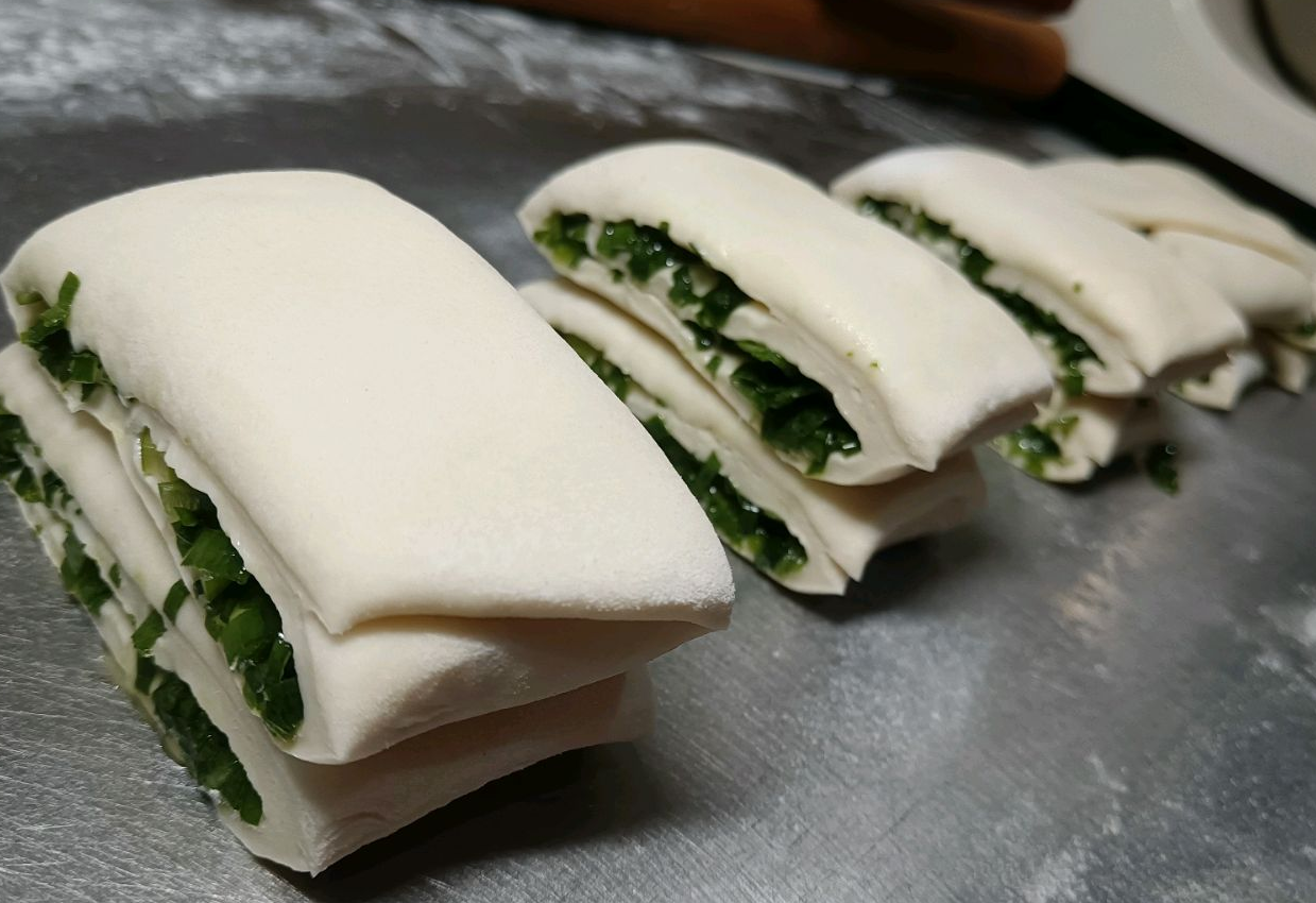 Slice folded dough, then stack in pairs.