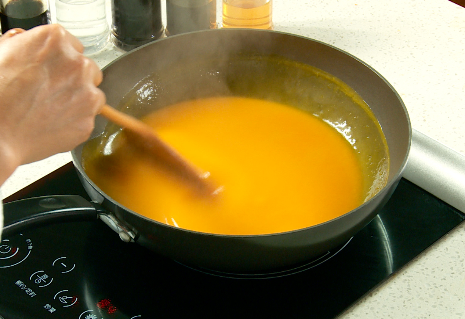 Recipe: Cook pumpkin soup in skillet over medium heat until boiling. Stir continuously.