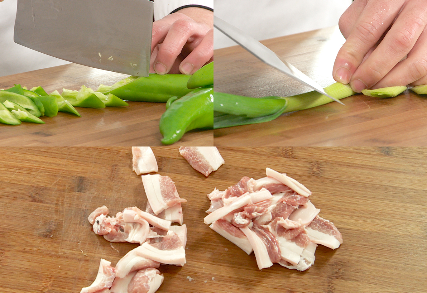 Prepare ingredients: Bell pepper - wash, deseed, chop. Garlic leaf - wash, cut. Pork belly - slice thin.