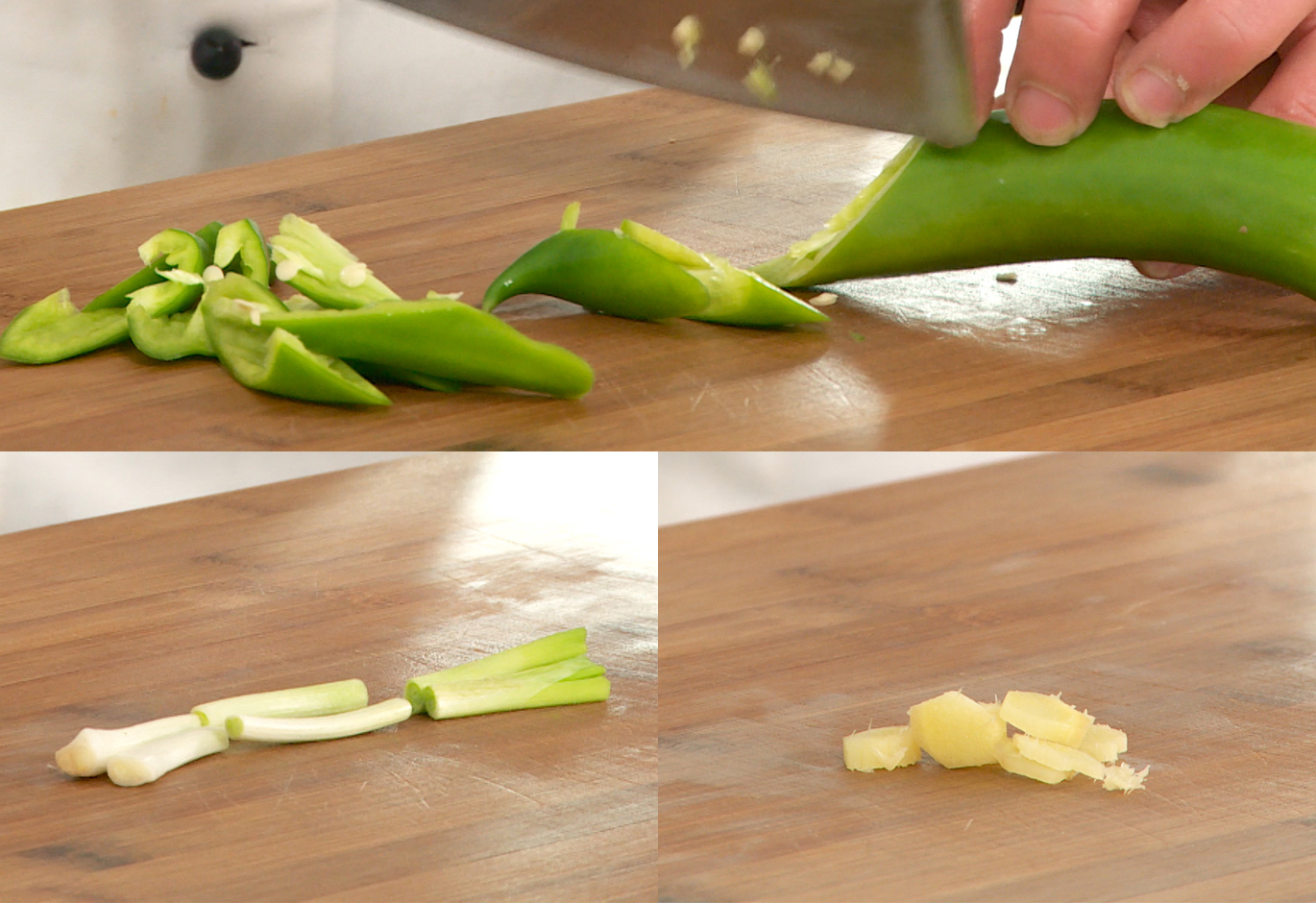 Prepare ingredients: cut bell peppers, scallions; slice ginger; soak wood ear mushrooms.