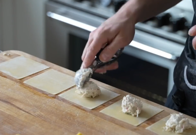 Fill each wonton wrapper with 2-3 teaspoons of filling.