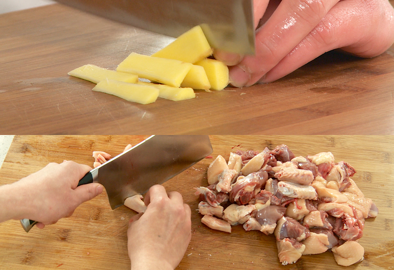 Prepare ginger slices & cut duck into chunks, then make cornstarch slurry.