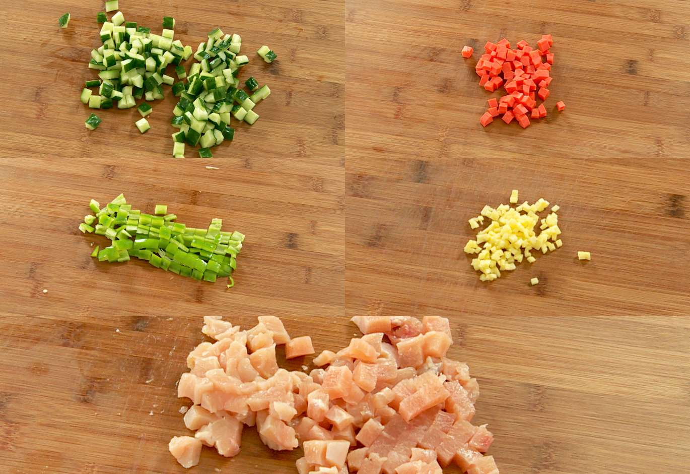 Preparation steps to dice cucumber, carrot, bell pepper, ginger, and chicken breast.