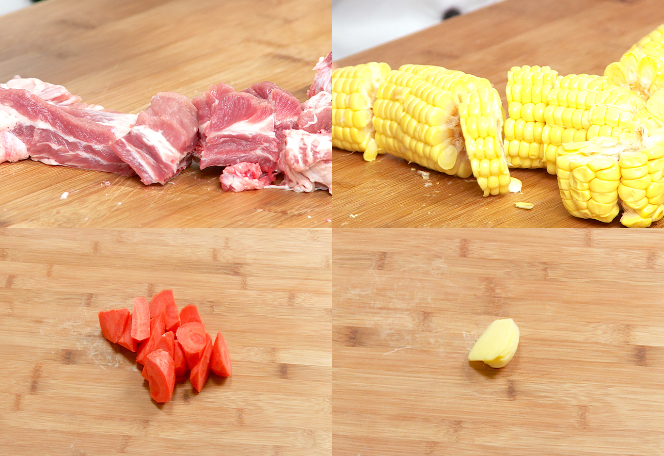 Prepare ingredients for pork and corn stew: pork ribs, corn, carrot chunks, ginger slices.