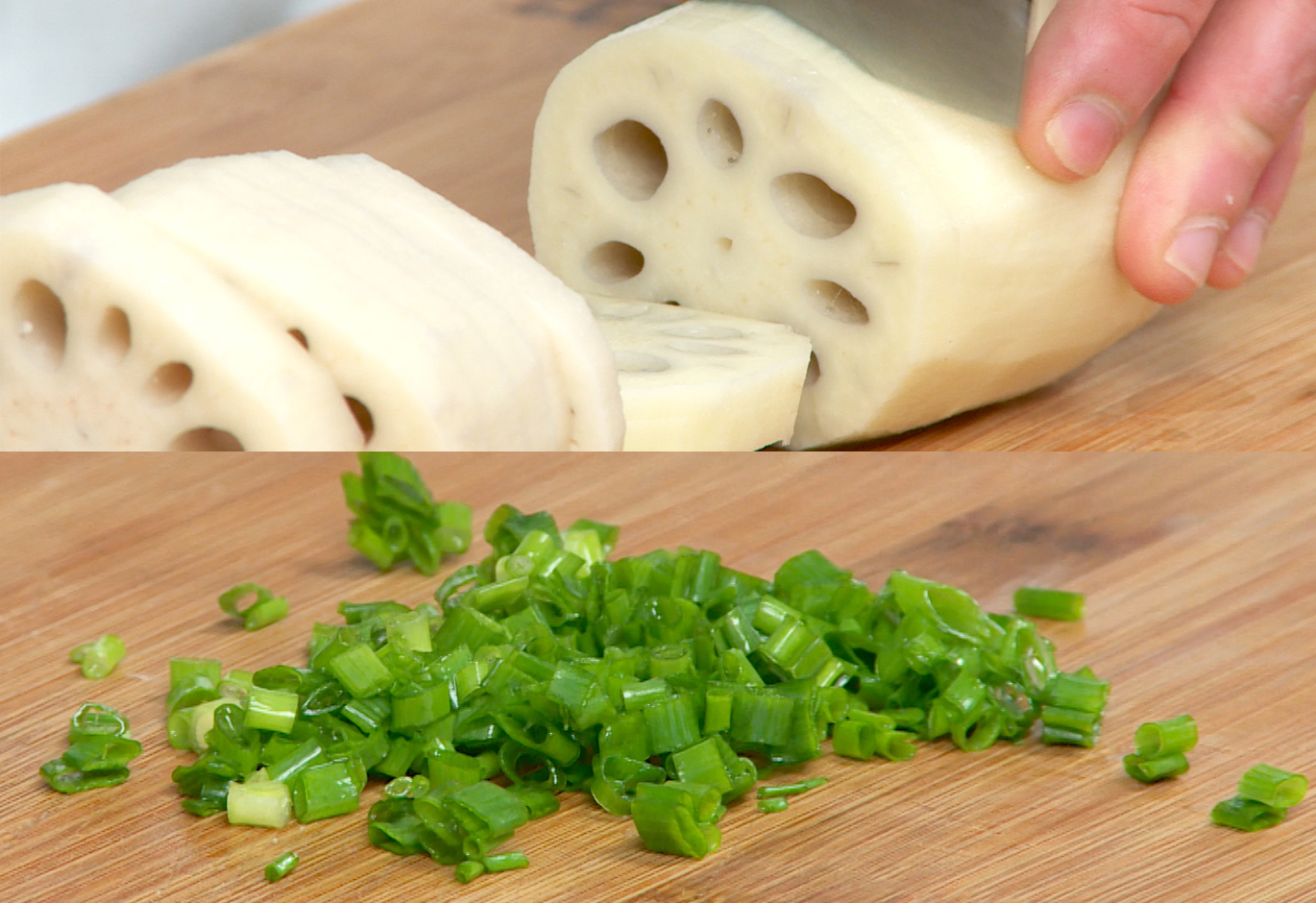 Instructions for making lotus root sandwiches: Slice roots into rounds and leave them connected, chop scallions.