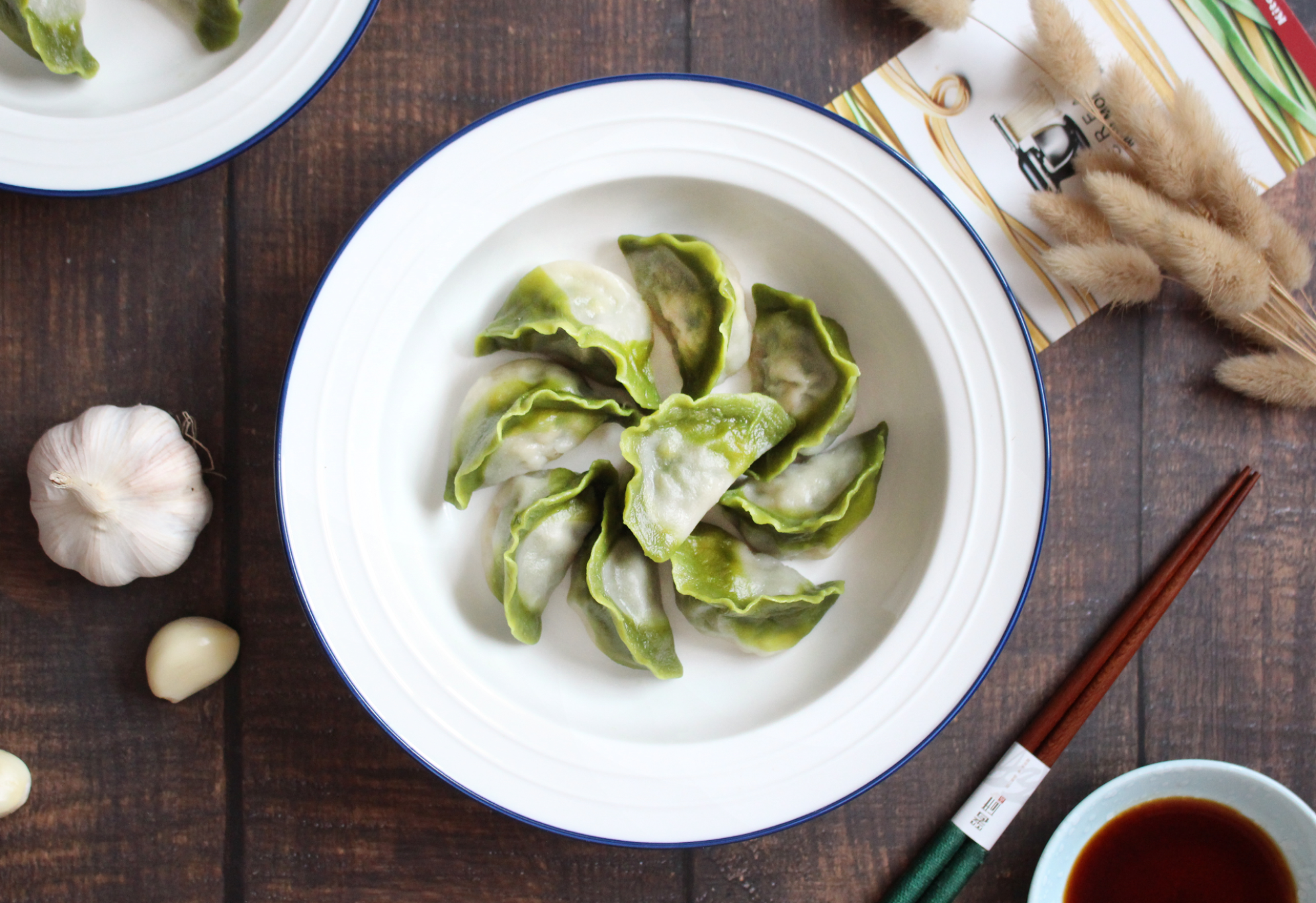 Boil dumplings, prevent sticking by adding to boiling water. Serve with soy dipping sauce.