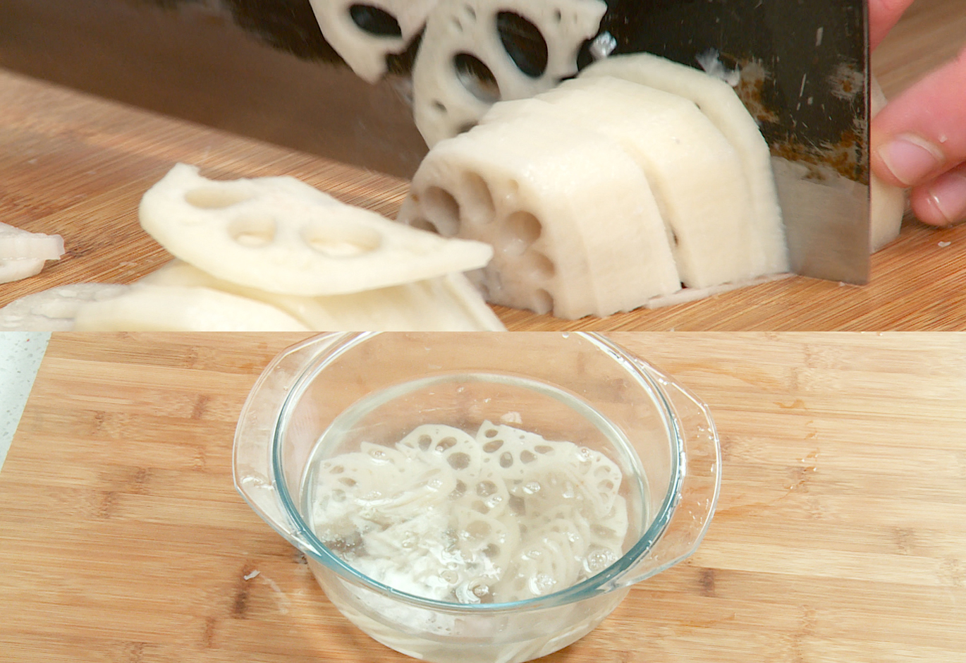 Instructions to prepare lotus root: peel, slice thinly, and soak in water.