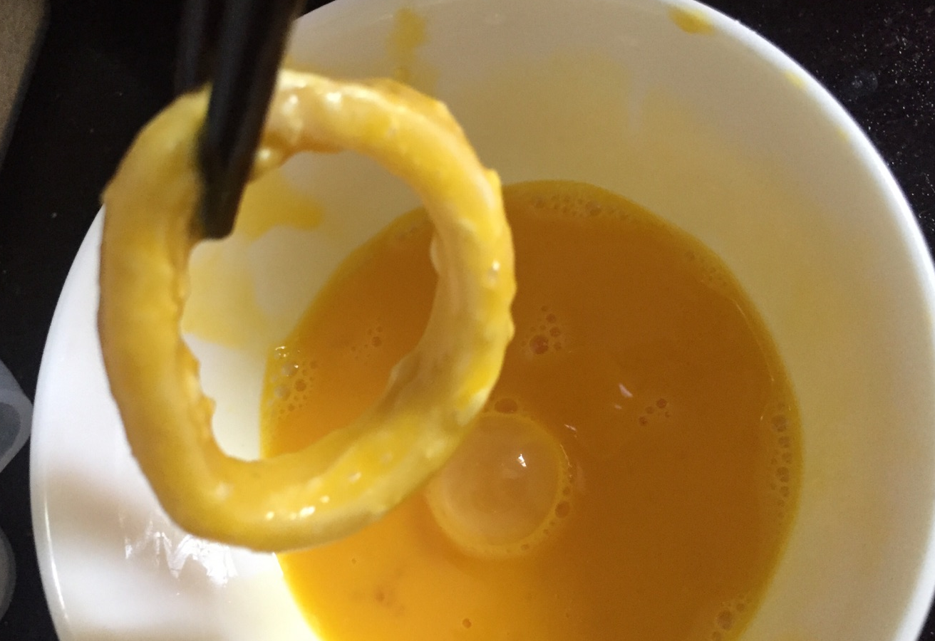 Make egg wash, dip squid rings in it for a coating.