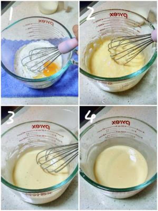 Mix flour, egg, milk gradually, then add melted butter. Aim for smooth, flowing, not thick batter.