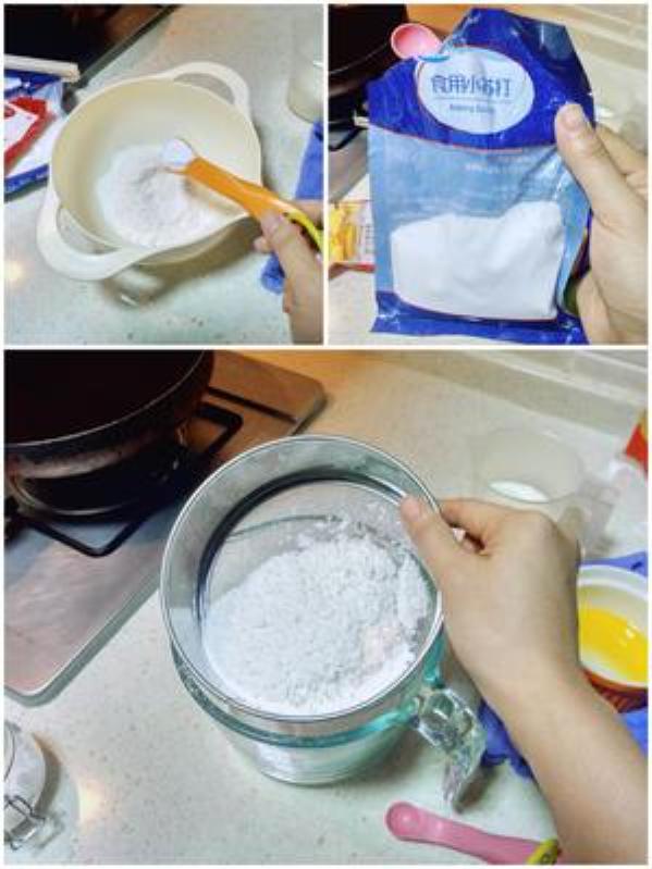 Sift 63g flour, 1/2 tsp baking powder, 1/4 tsp baking soda for fluffy pancakes.