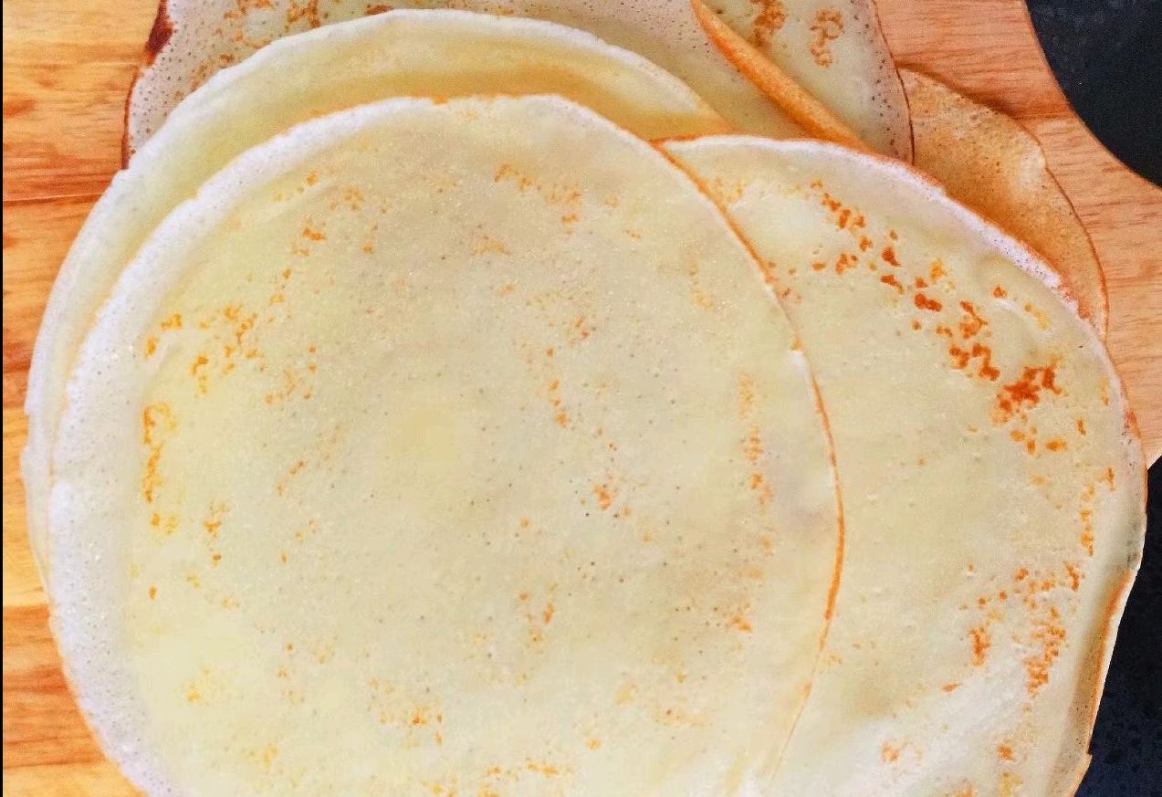 Cook crepes on one side for 20-30 seconds, adjust time as needed. Recipe yields 7 crepes.