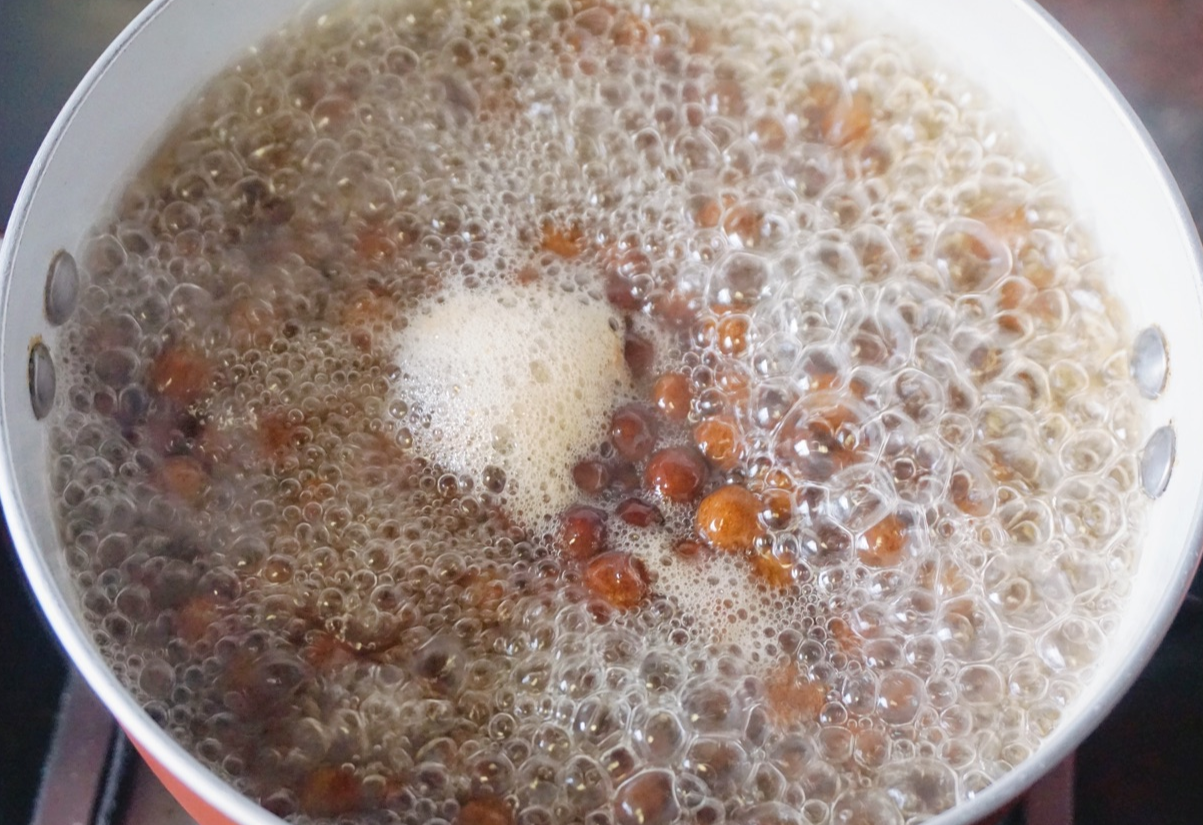 Cook brown sugar pearls: Boil, simmer for 25 mins, let sit covered for 30 mins, soak in ice water.