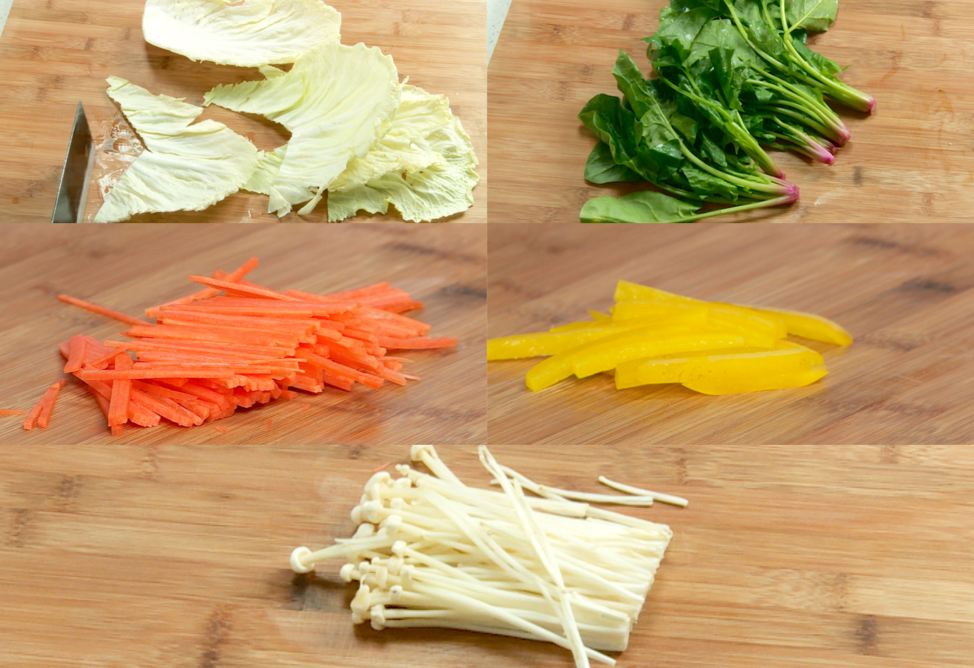 How to prepare vegetables for a dish: remove stems, cut, julienne, trim roots, remove stems.