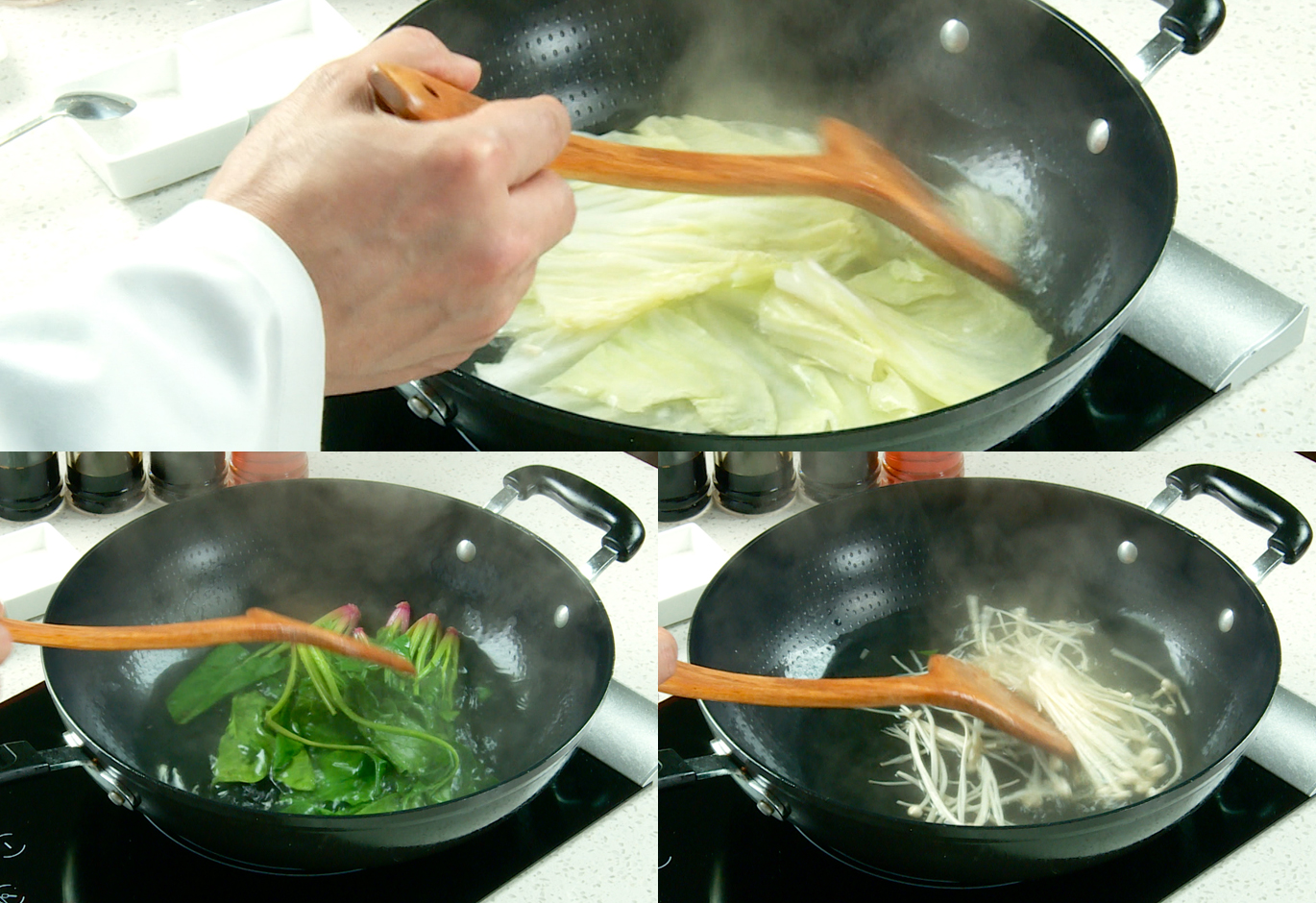 Blanch Chinese cabbage, spinach, and enoki mushrooms in boiling water.