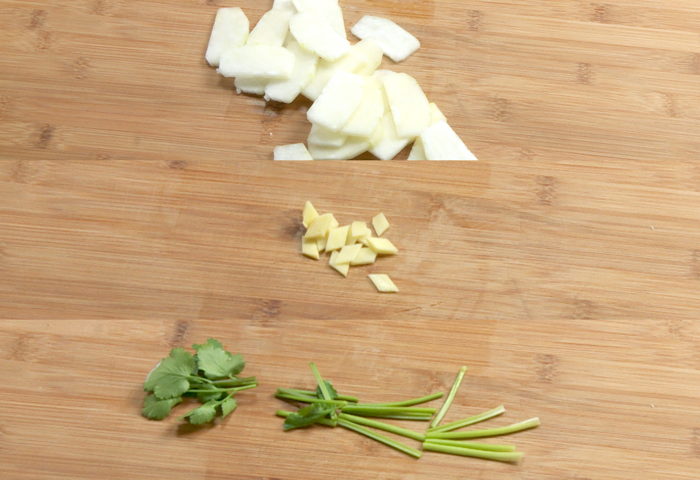 Prepare winter melon by peeling, deseeding, and slicing. Chop ginger and cilantro.