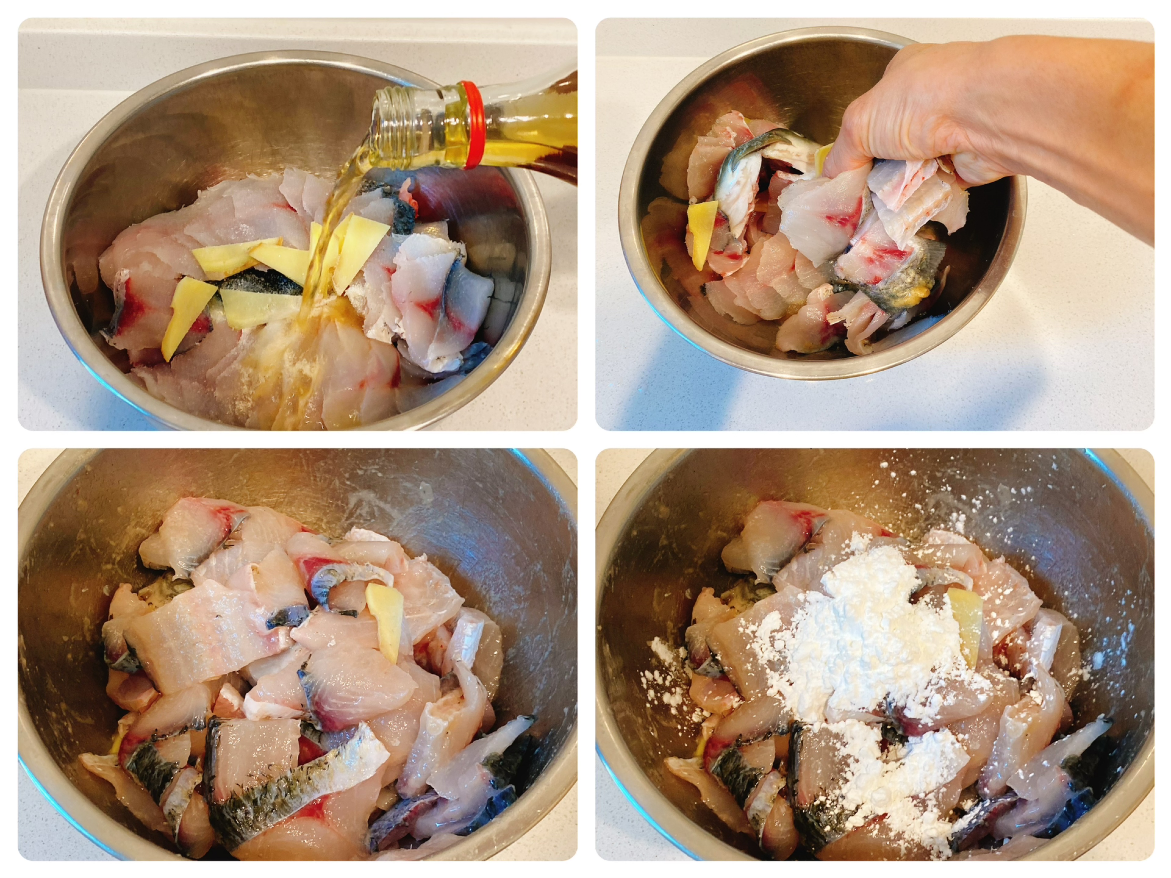 Marinate fish in 3 tbsp cooking wine, then add 2 tbsp cornstarch.