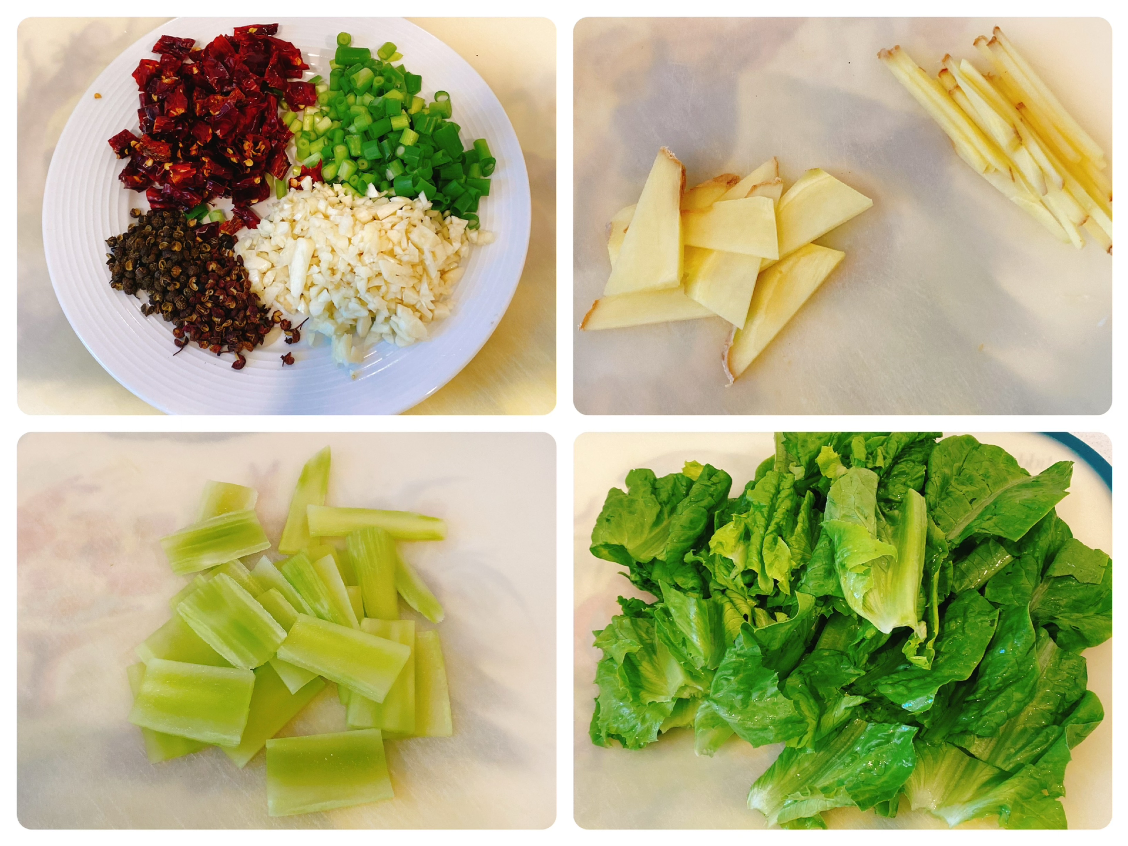 Prepare dried chili peppers, scallions, garlic, peppercorns, ginger, Chinese celery, and lettuce.