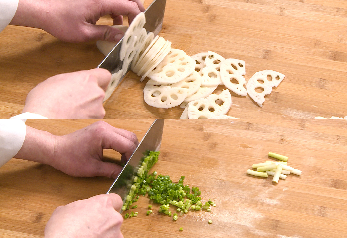 Prepare lotus root and green onions for a delicious dish.