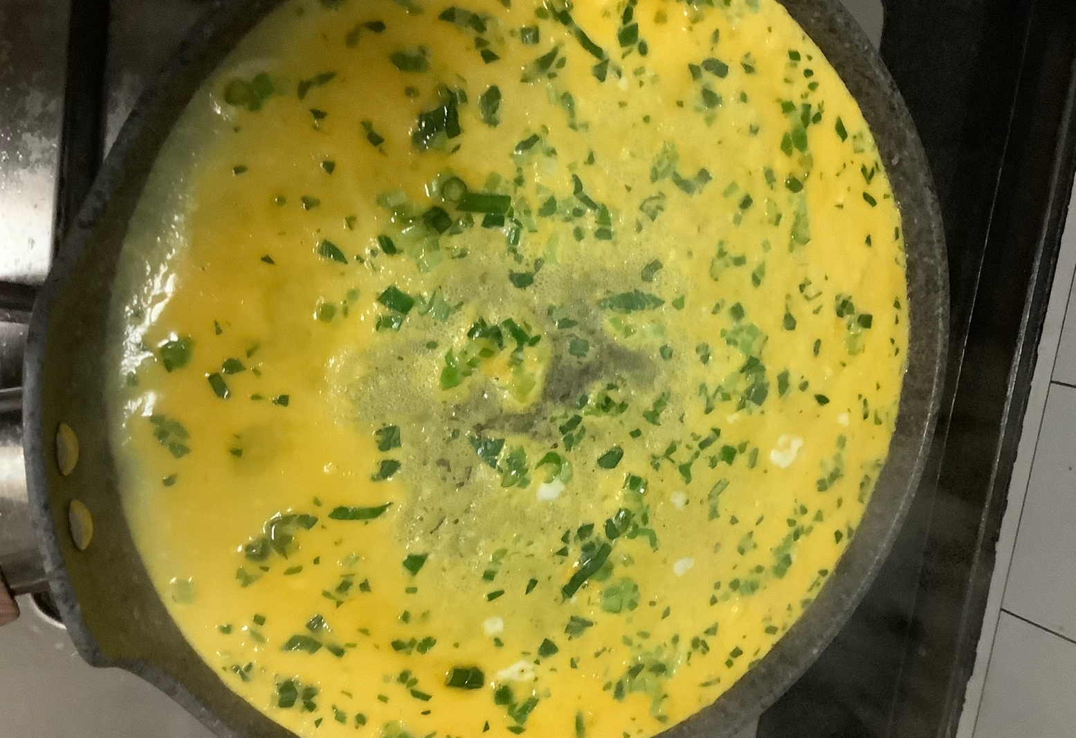 Cook egg mixture in a skillet until set, flip and cook other side.