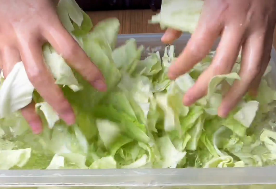 Rinse chopped cabbage with clean water thoroughly.