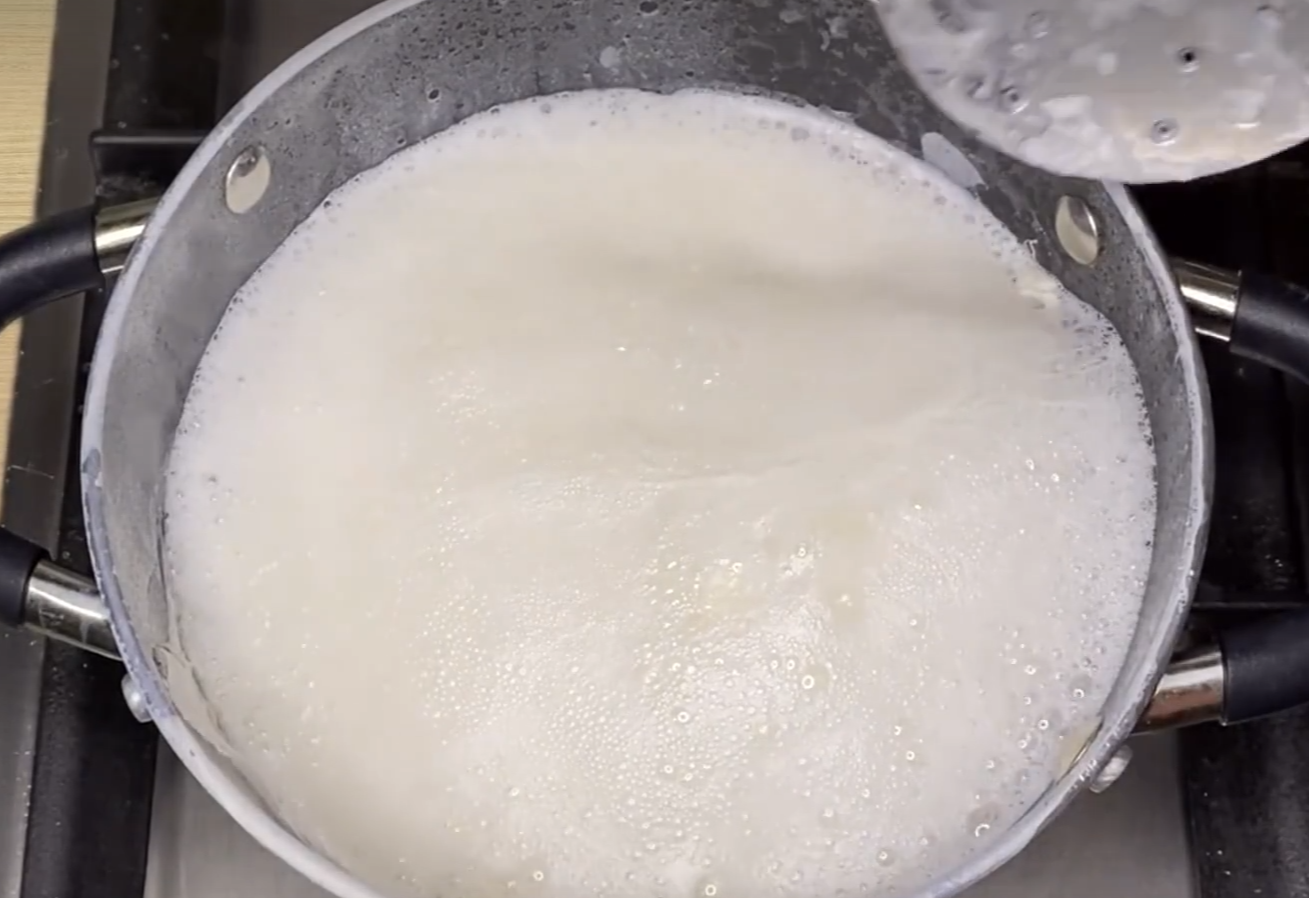 Boil whole milk, remove cream, reduce volume by half, remove foam for cleanliness.