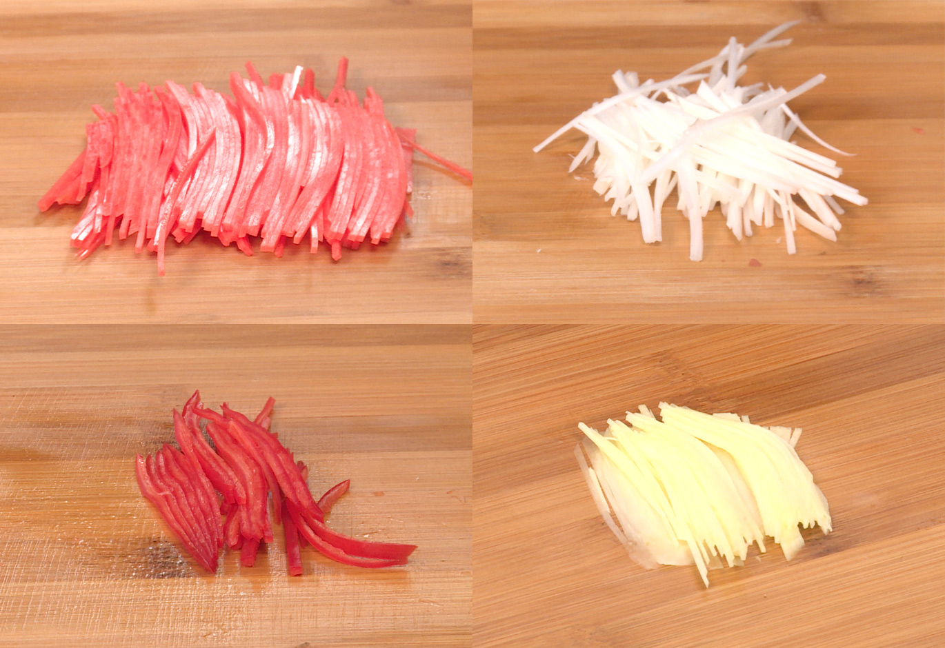 Prepare vegetables: Julienne carrot, scallion, red bell pepper, and ginger for soba noodle dish.