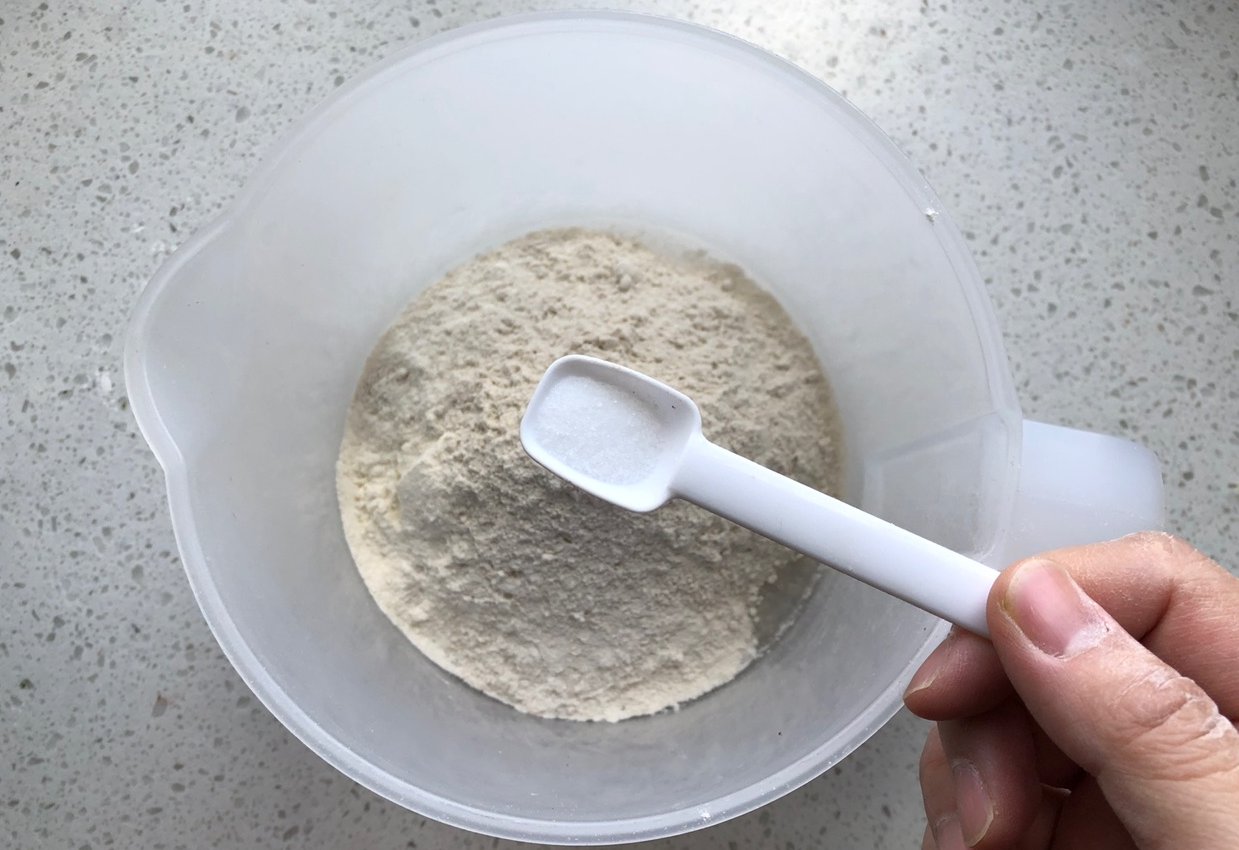 Mix buckwheat and all-purpose flour with salt - 50g buckwheat, 100g AP flour.