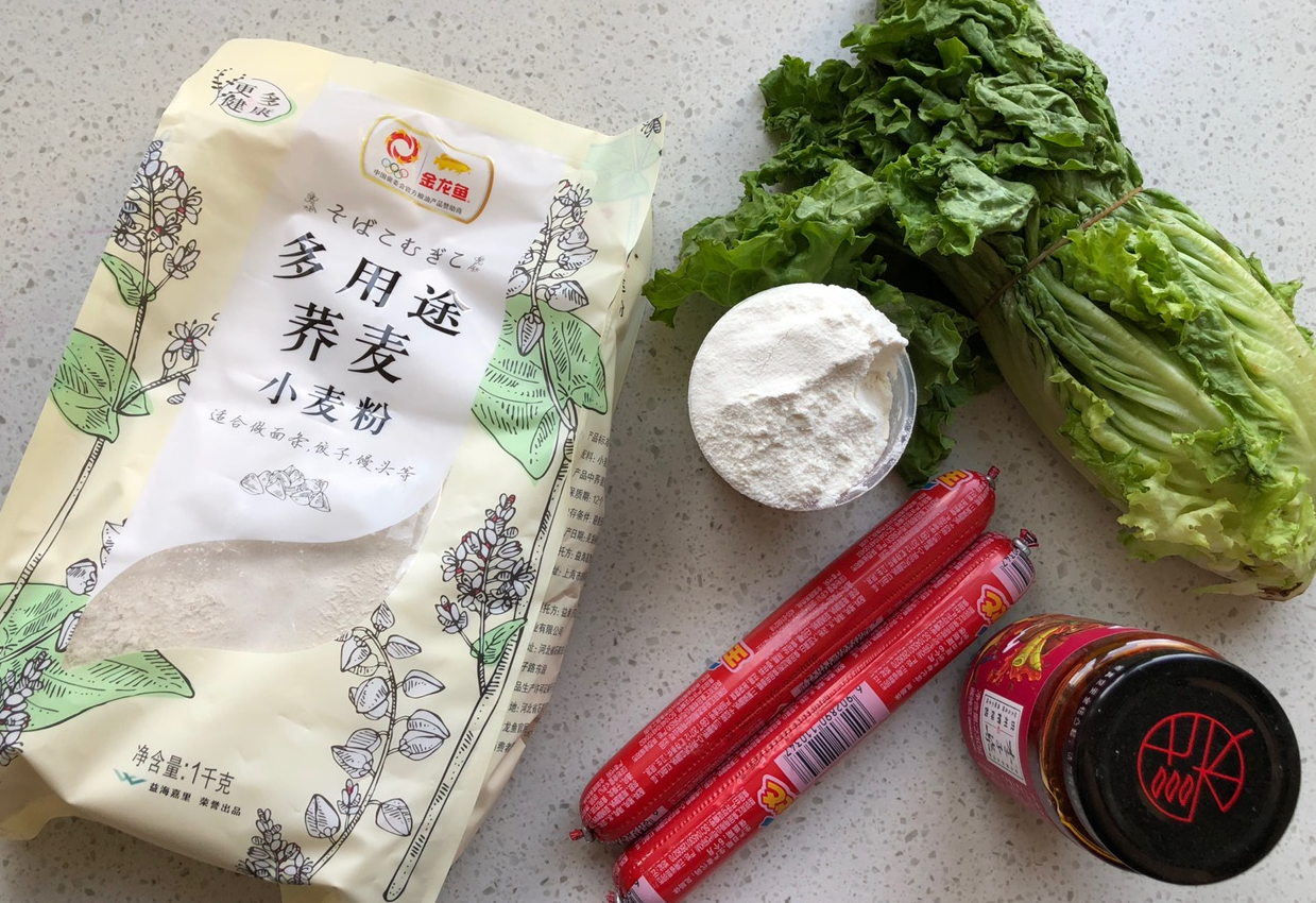 Ingredients needed: buckwheat flour, hot dogs, lettuce, eggs, salt, chili sauce, and water.