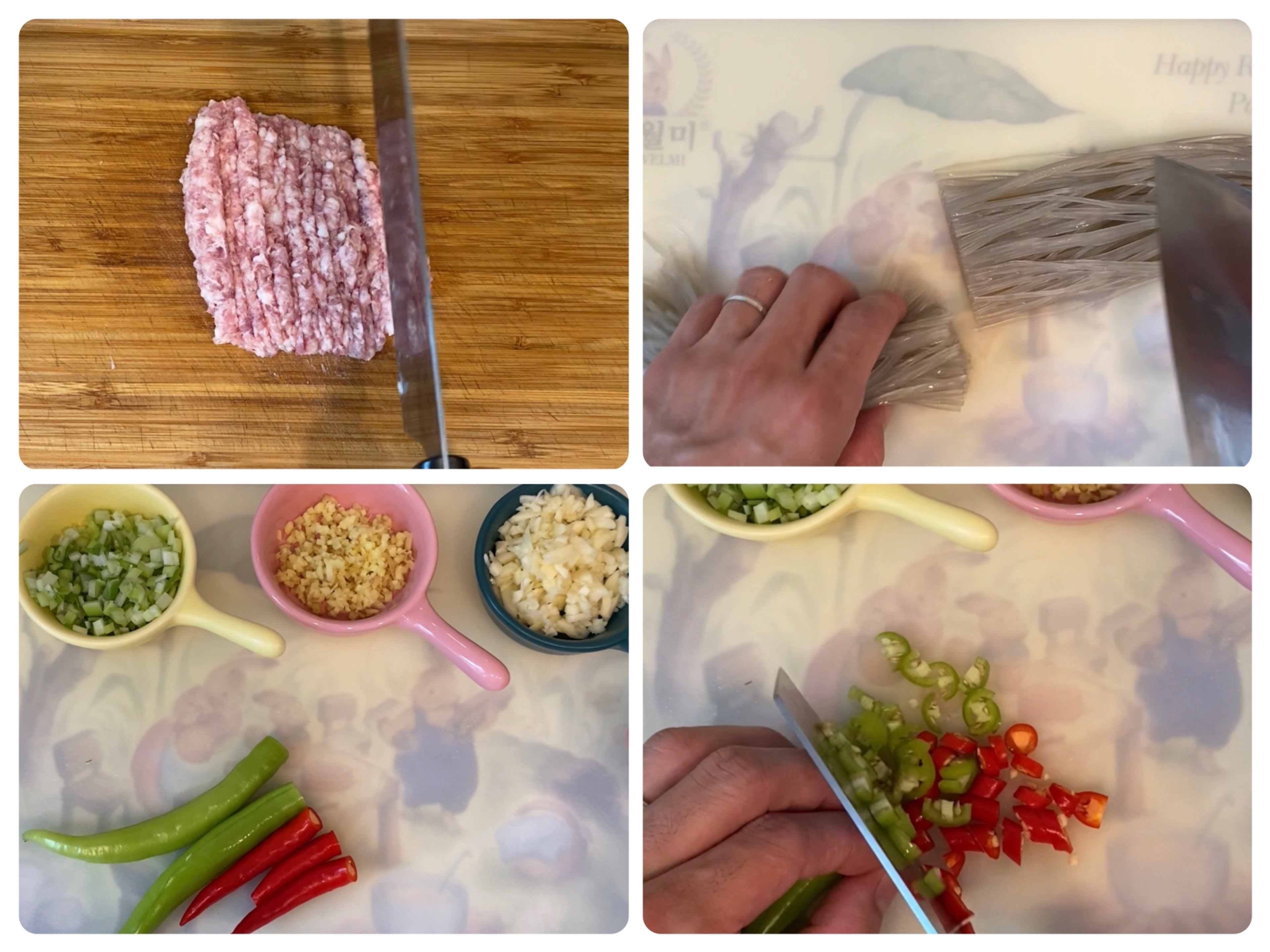 Prepare ingredients: ground pork, sweet potato noodles, green onions, ginger, garlic, chili peppers, green peppers.