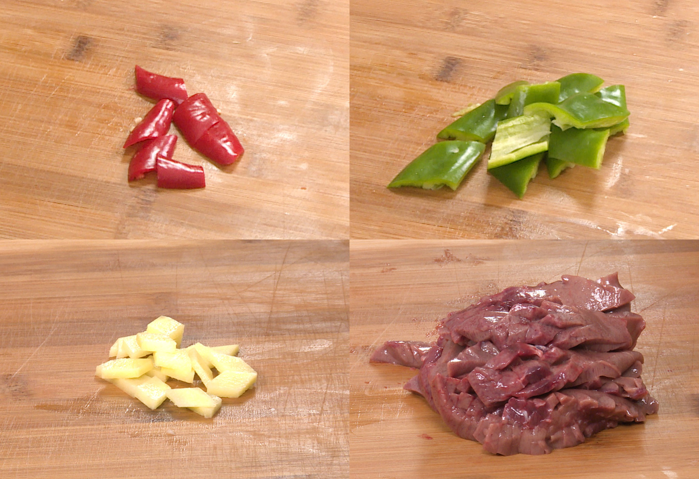 Prepare ingredients: Cut bell peppers, ginger, and clean pork kidney. Score and cut kidney into triangles.