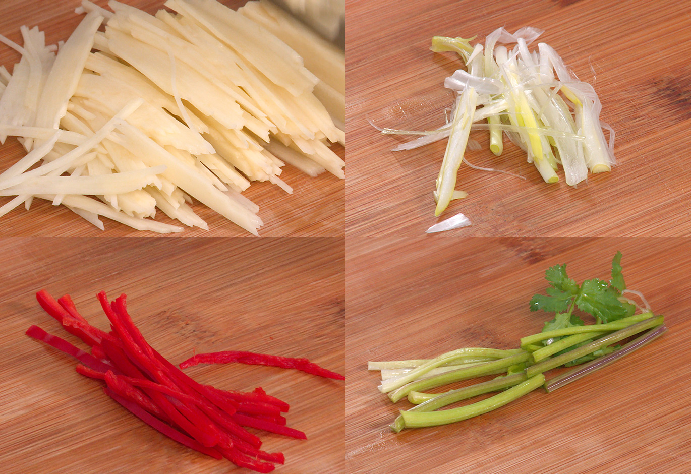 Prepare potatoes and vegetables: peel and slice potatoes, slice green onions, red pepper, and cilantro stem.