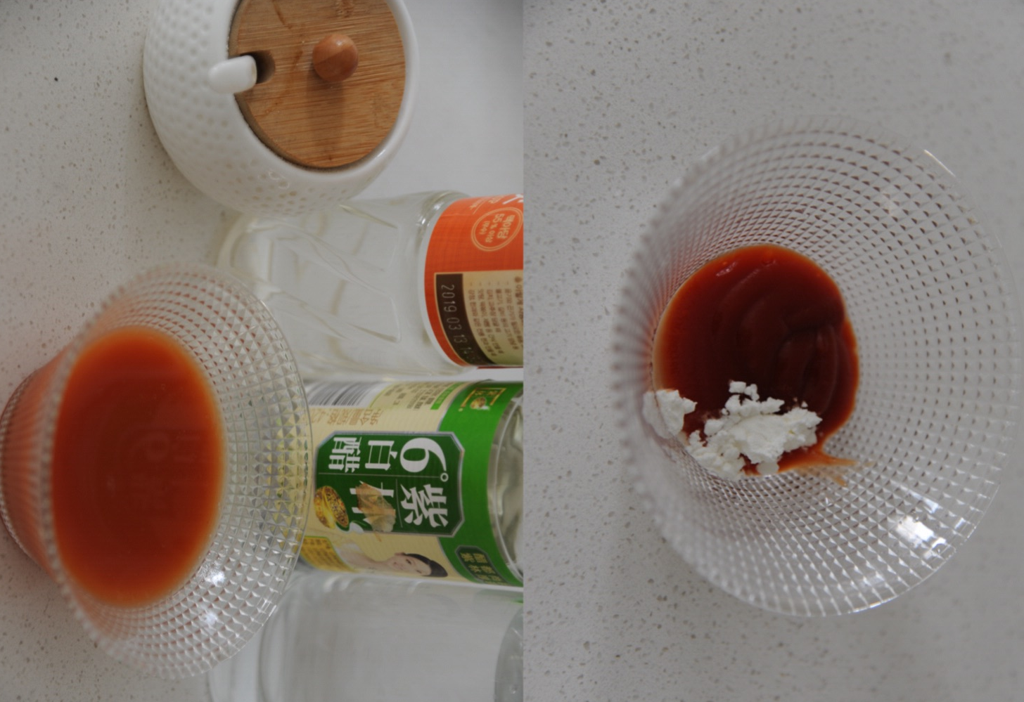 Prepare a tangy sauce with tomato ketchup, corn syrup, vinegar, salt, and water.