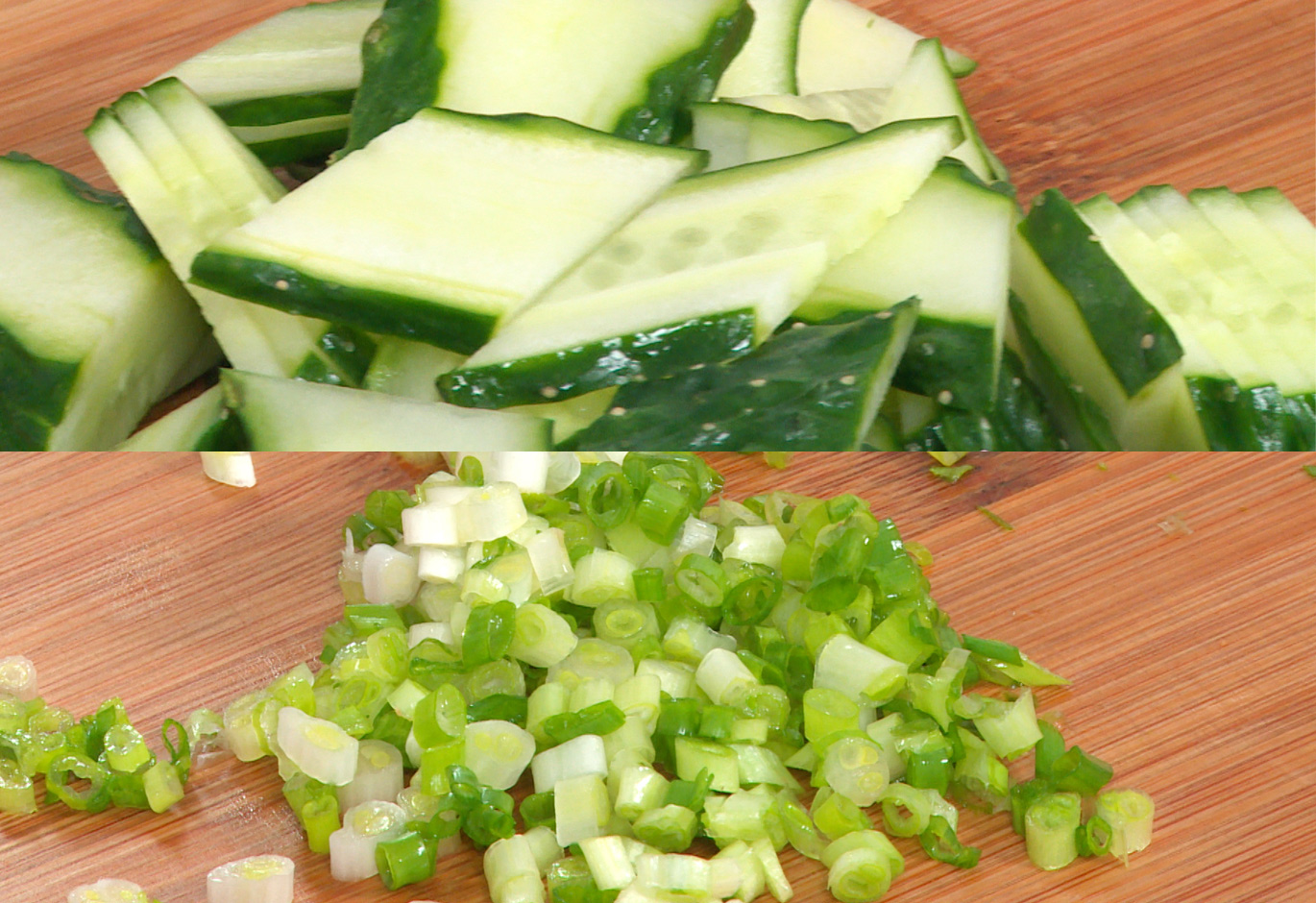 Prepare ingredients: Slice cucumber and chop green onions.