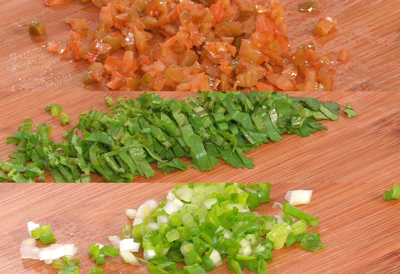 Chop pickled mustard greens, cilantro, and green onion for toppings.