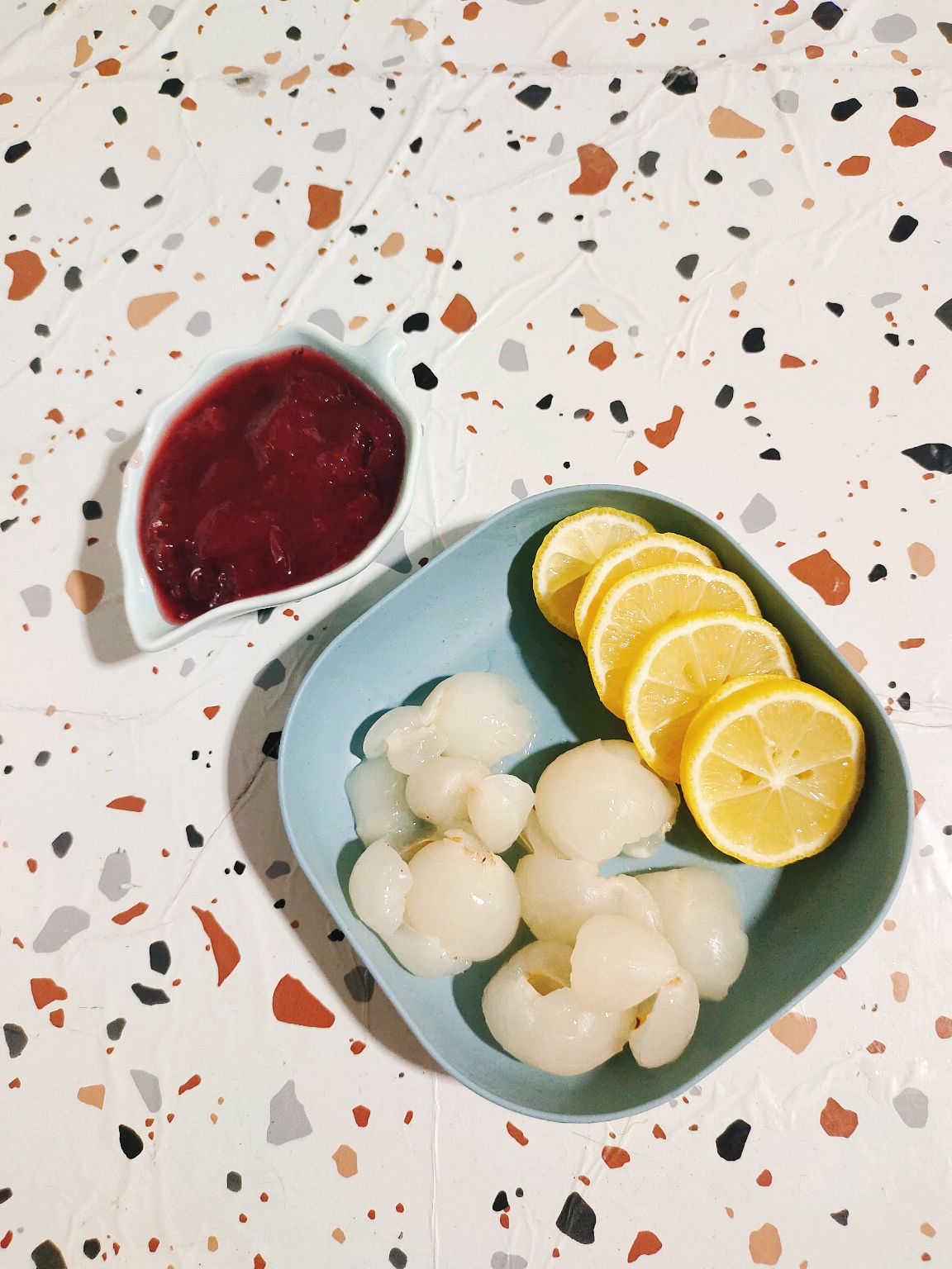 Prepare lychees, lemon slices (seedless), & plum jam (or dragon fruit substitution).