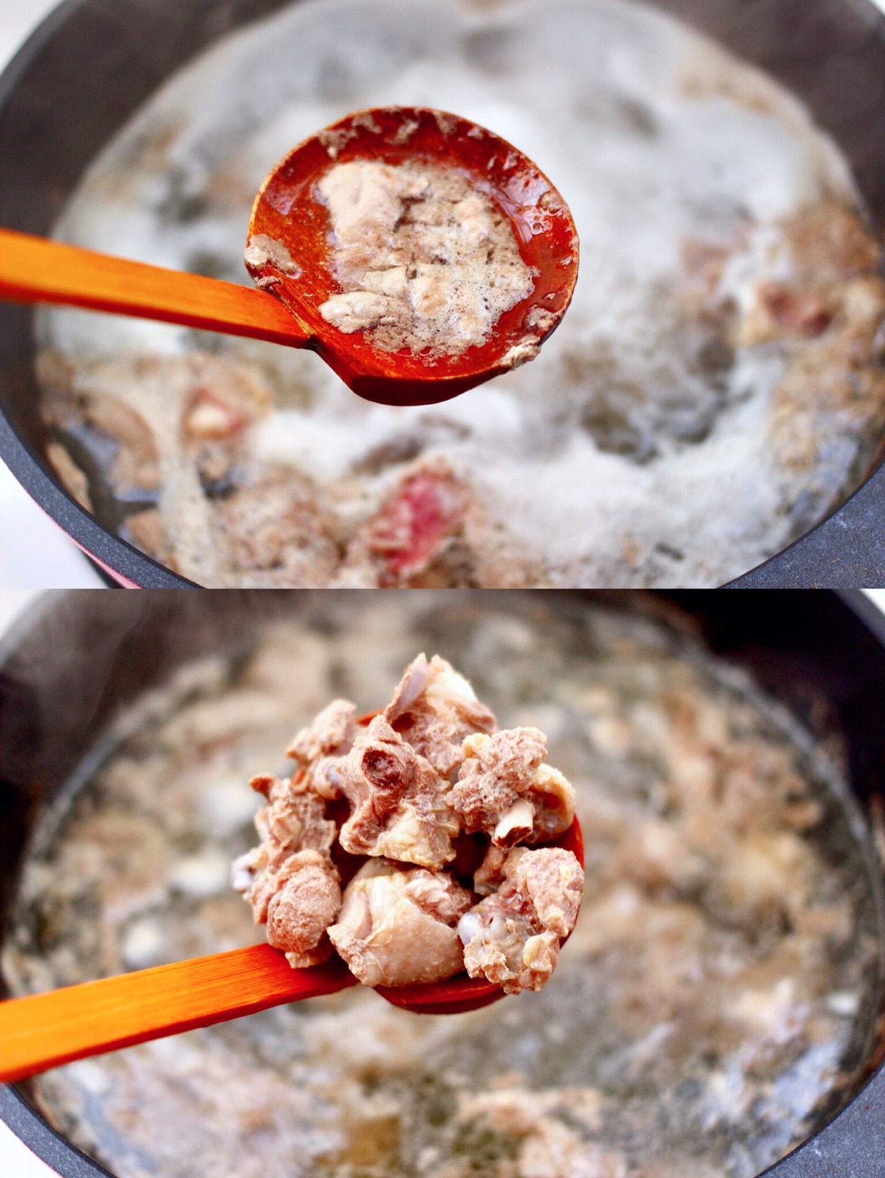 Cook duck in water, skim foam, rinse, and set aside.