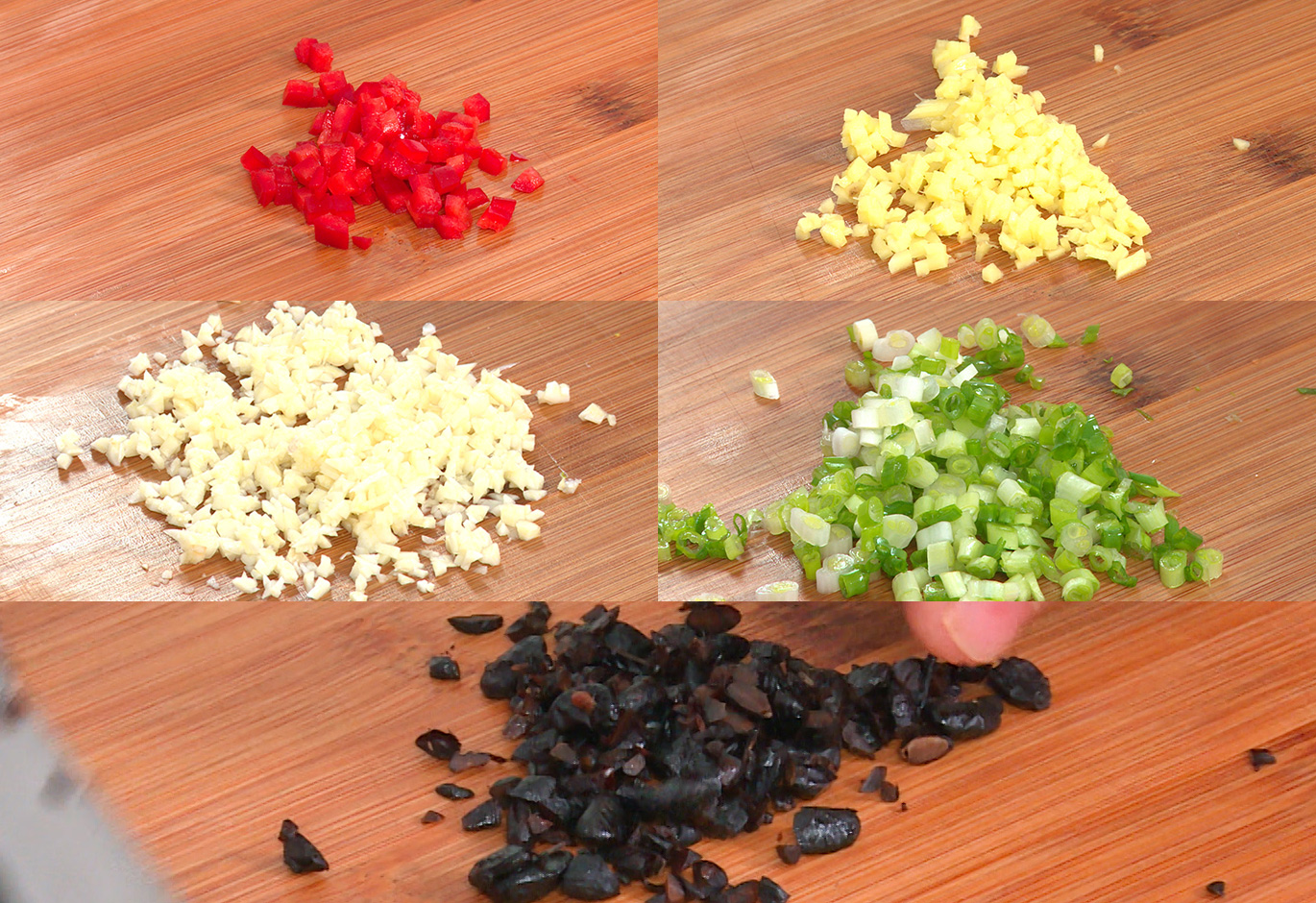 Prepare aromatics: chop fermented black beans, chili pepper, garlic, and ginger. Adjust chili amount to taste.