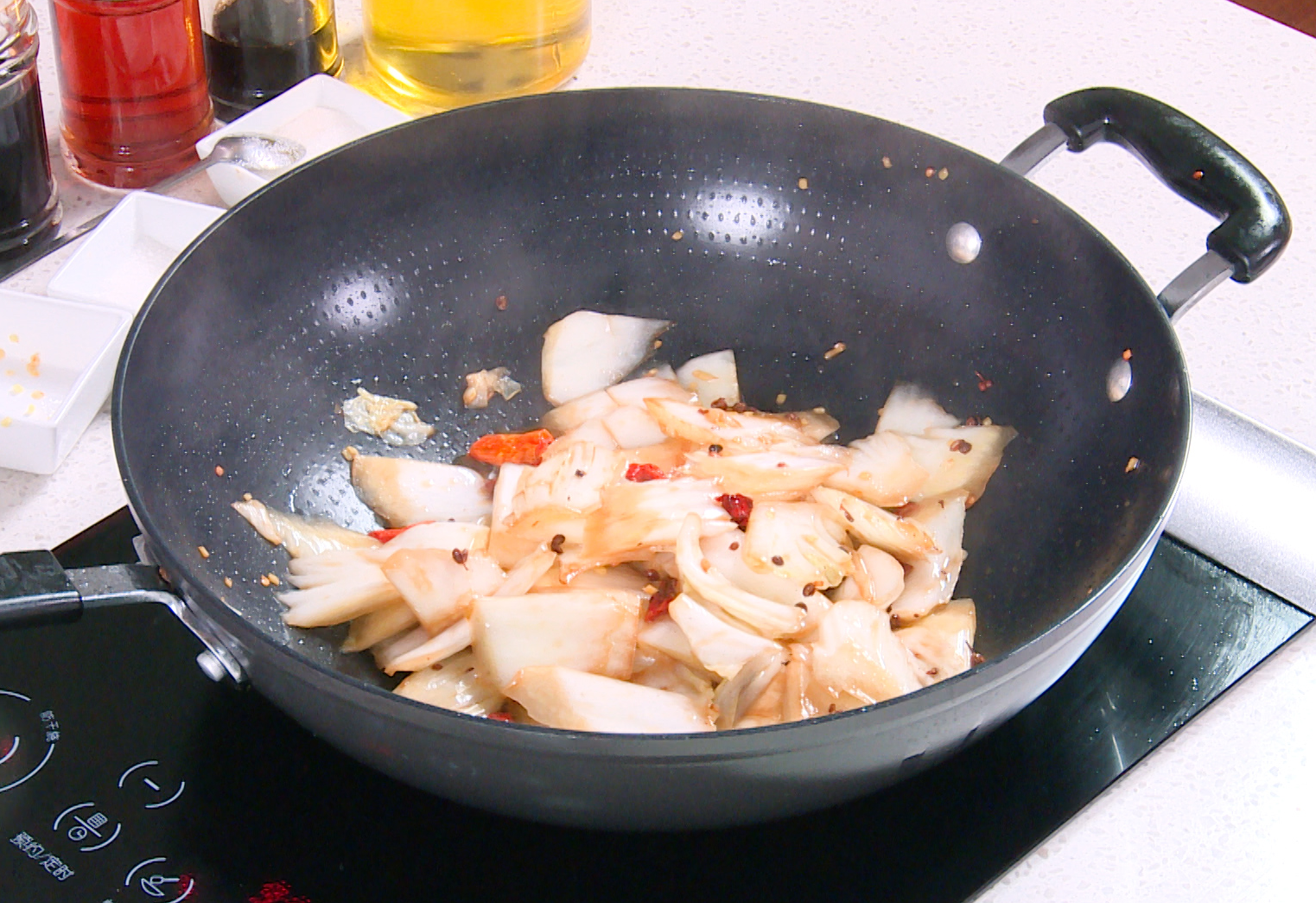 Stir-fry cabbage stems for 2-3 minutes until slightly softened & crunchy, intensifying aroma.