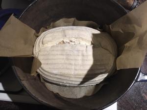 Transfer dough in parchment paper to cast iron pot, bake covered for 30 minutes.