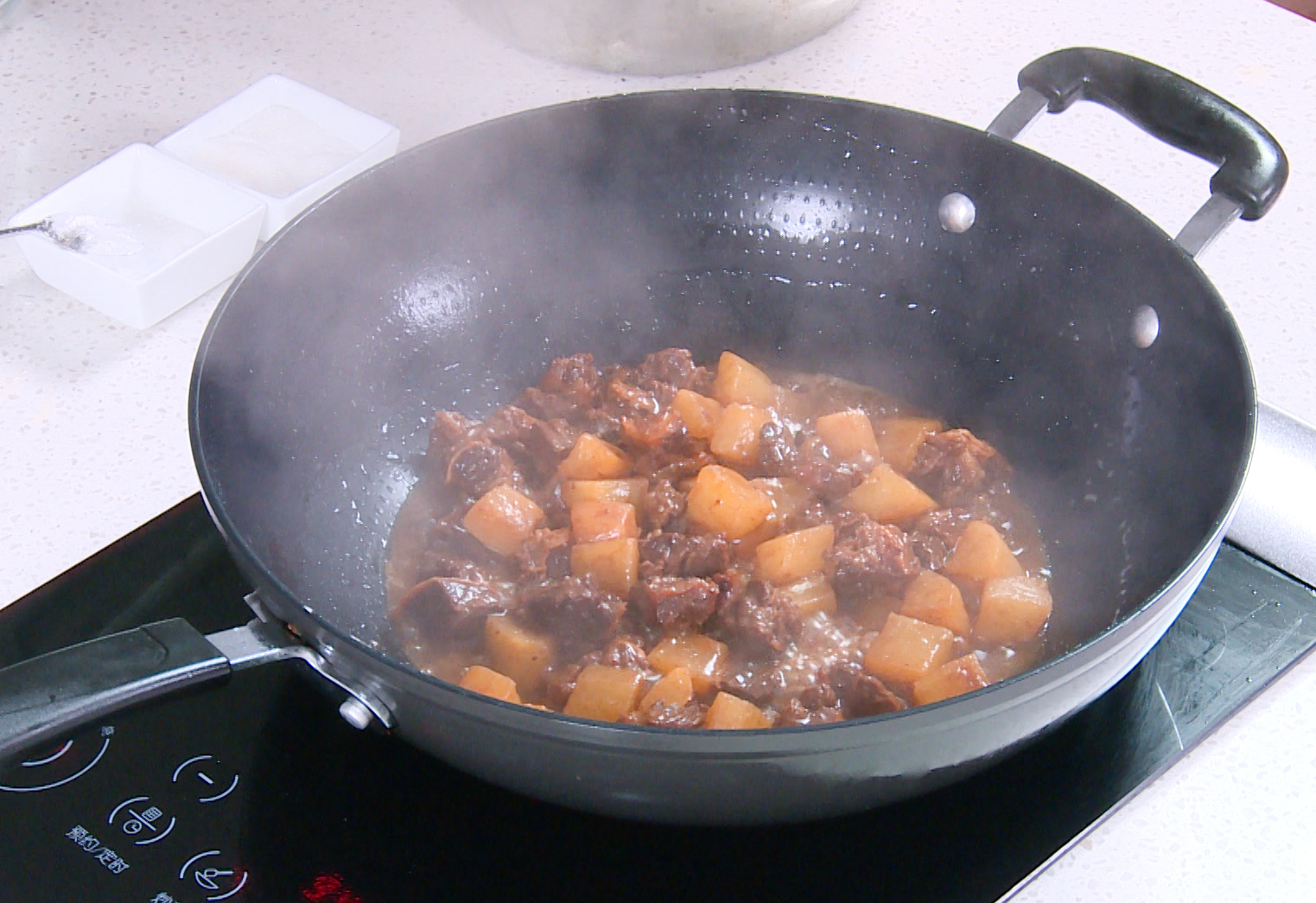 Add daikon radish to beef stew after removing spices, simmer until soft.