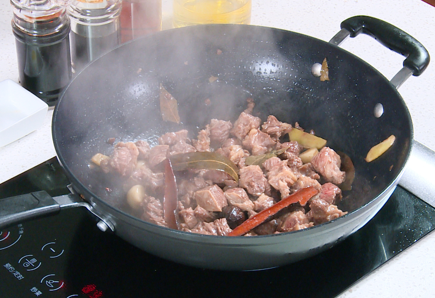 Sear beef brisket chunks for 3-5 minutes until lightly browned.